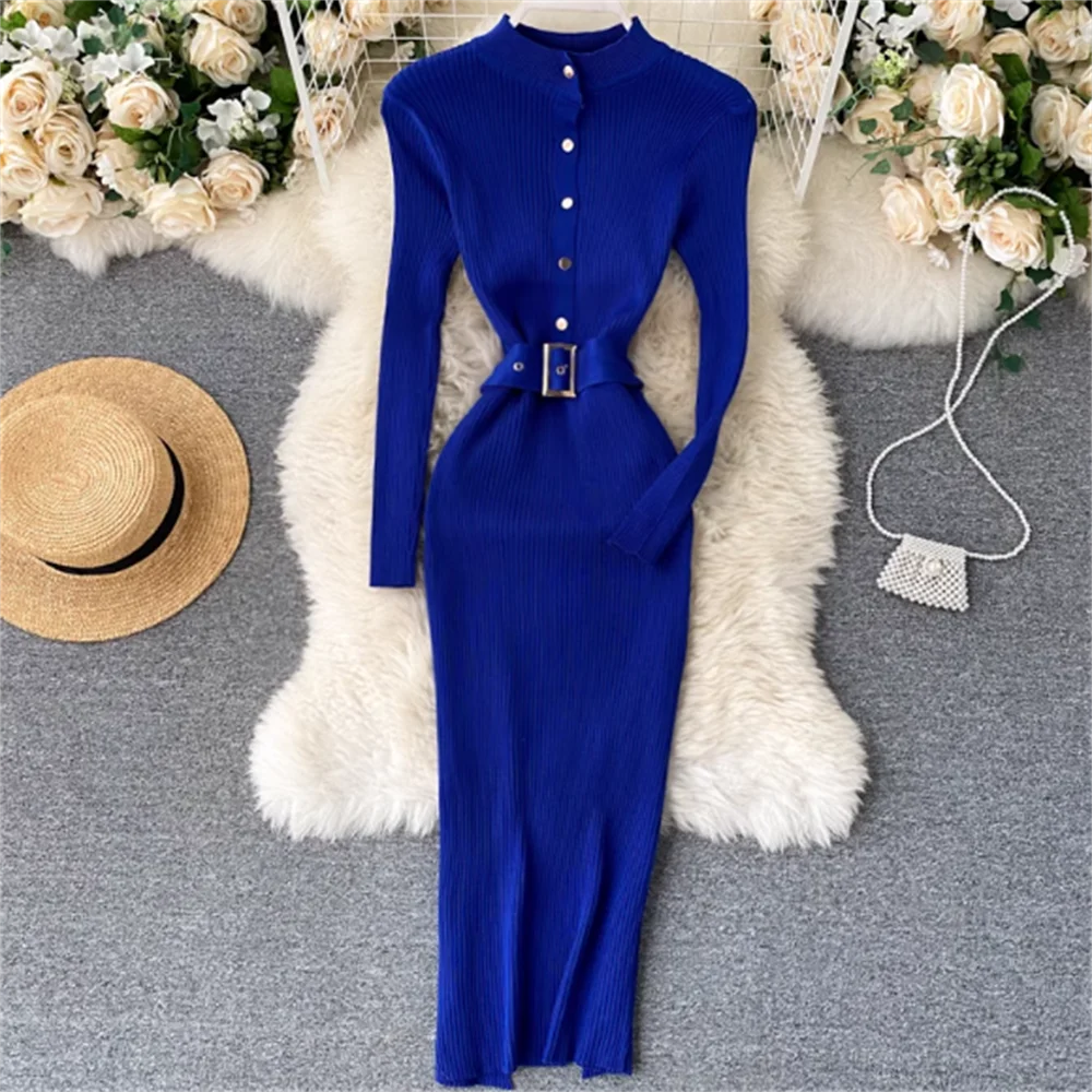 

Stand collar button slim long-sleeved knitted dress women autumn and winter stretch dress