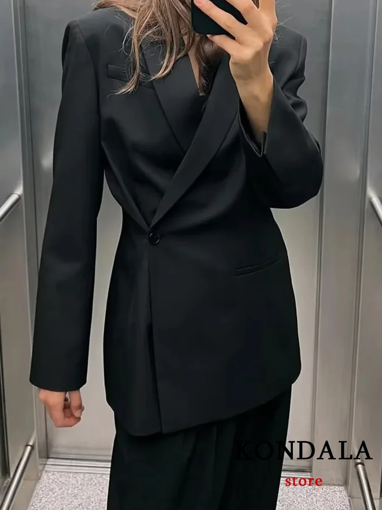 

KONDALA Vintage Chic Women Blazer Black Solid Double Breasted V Neck Long Sleeve Pockets Blazer Fashion 2024 Office Lady Blazers