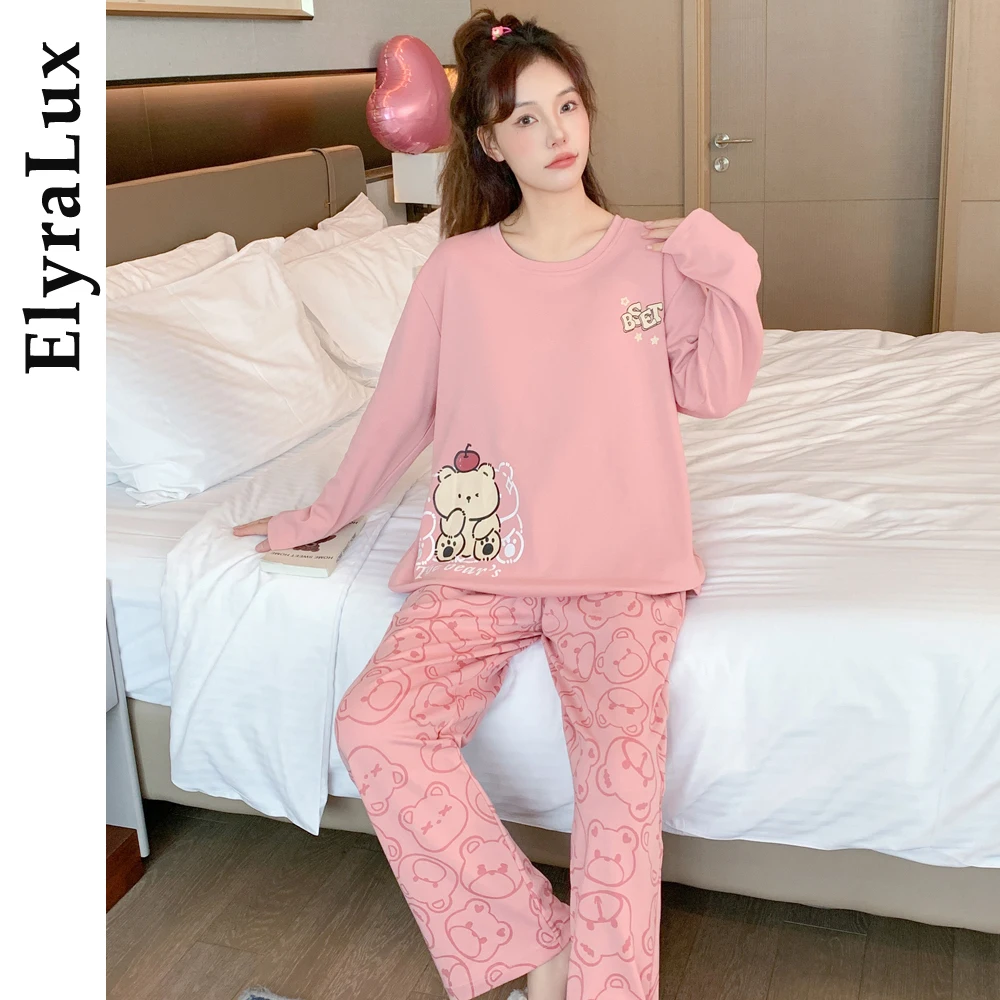 

ElyraLux элегантная ночная рубашка, женская одежда для сна, осенне-зимняя пижама, домашняя одежда, школьные хлопковые пижамы с милым медведем и длинными рукавами ﻿ ﻿