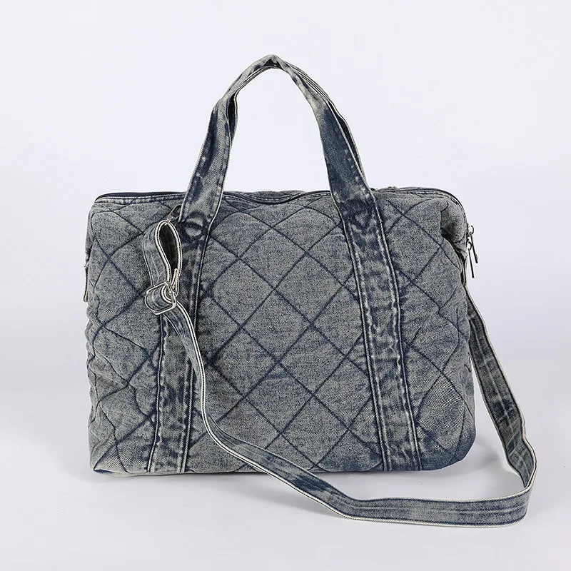Vintage Washed Denim Quilted Boston Handbag Large Capacity Plaid Pattern Casual Handbag 2025 Hot Sale Women's Shoulder Bag