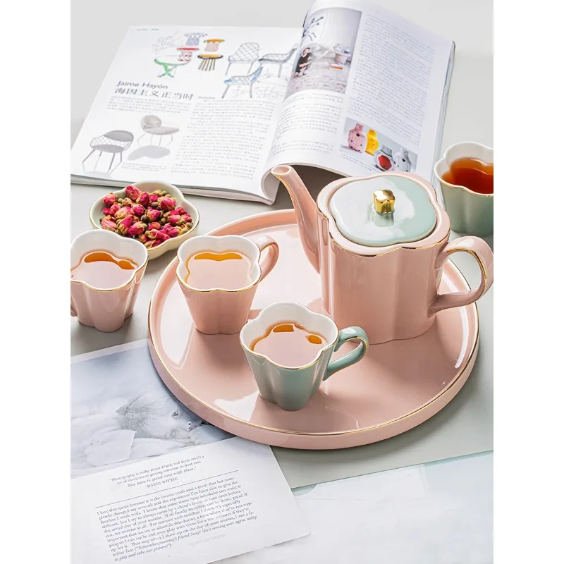 Pink petal ceramic water set online celebrity ceramic kettle cup set girls like flower tea set.