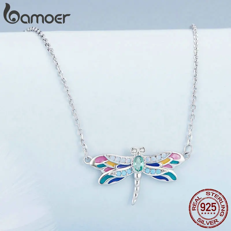 Bamoer 925 Sterling Silver Colorful Enamel Dragonfly Pendant Necklace Dainty Insect Neck Chain for Women Valentine's Day Gift