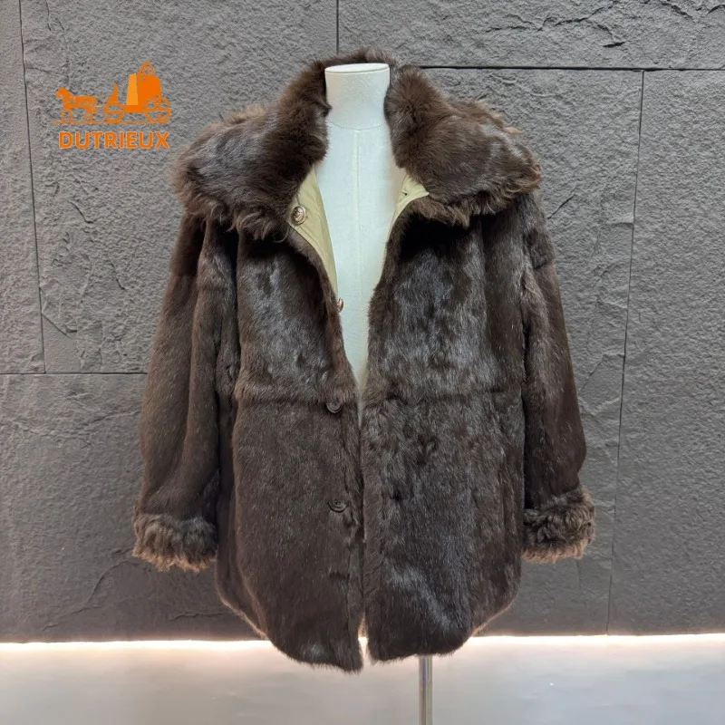 2025 New Winter Women's Double-faced Real Rabbit Fur Coat, 100% Rabbit Fur Collar, Travel Warm Fur Jacket Women