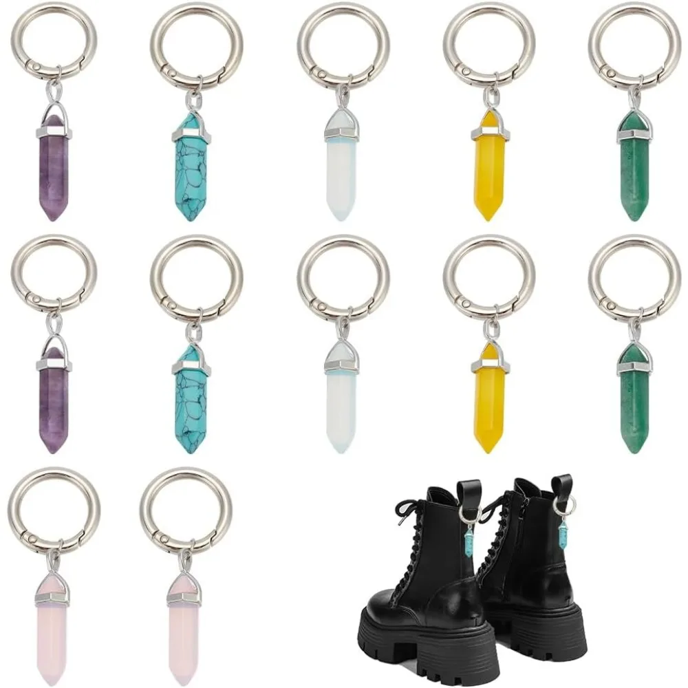 12 Pcs 6 Colors Gemstone Pendant Crystal Pendant Decoration Gemstone Pointed Stone Pendants with Spring Gate Rings for DIY