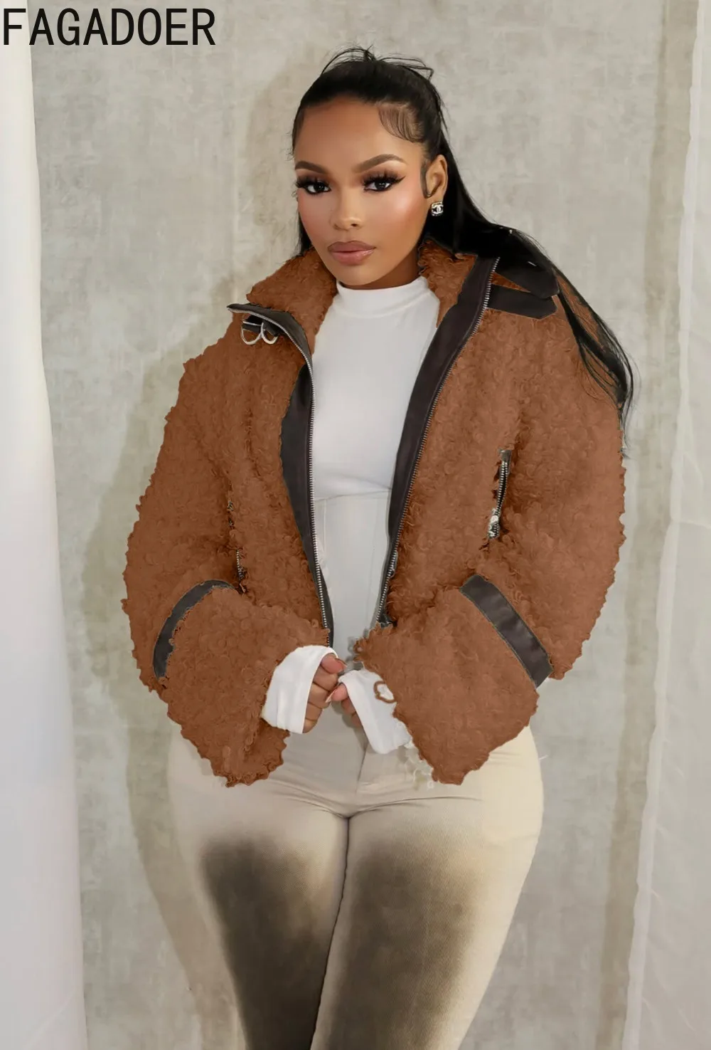 FAGADOER شتاء جديد عادية جلدية الفراء المرقعة معطف المرأة بلون طويل الأكمام جاكيت زيبرا ملابس الشارع الشهير الإناث #3