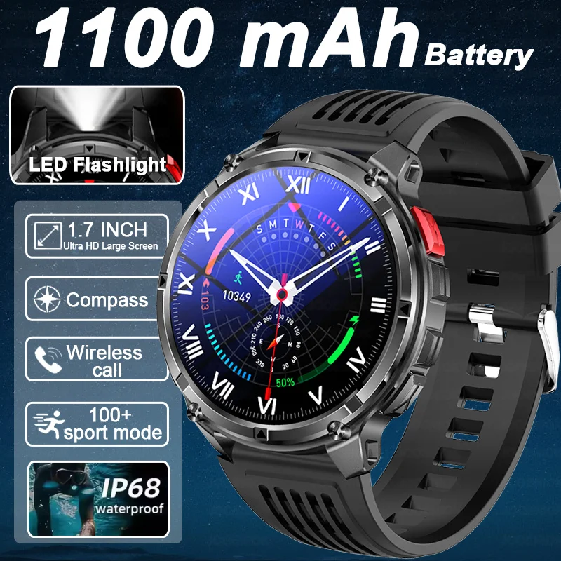 

1100mAh Battery Smart Watch Men Sport Compass 1.7-inch Bluetooth Call Outdoor Flashlight Alarm Clock Waterproof Smartwatch Women