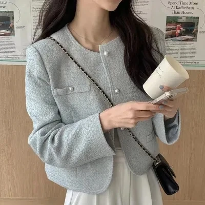 

Korean Sle Ins Little Fraance Long Sve Thi Autumn Winter Coat Women Ele Coarse Weave ort Coat Top