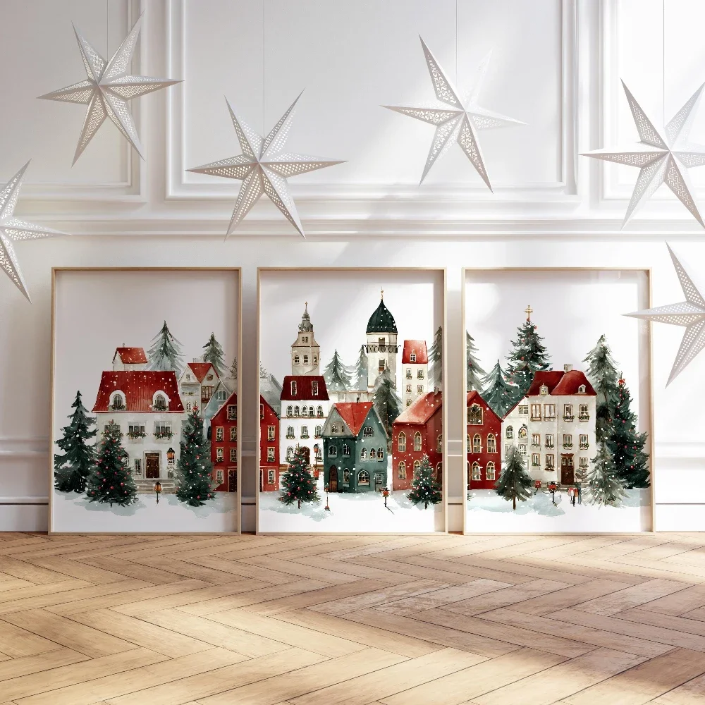 Multiple sizes 3pcs frameless Canvas Painting,Christmas Village Prints Set of 3 Snowy Winter Town Paintings Christmas Poster Pri
