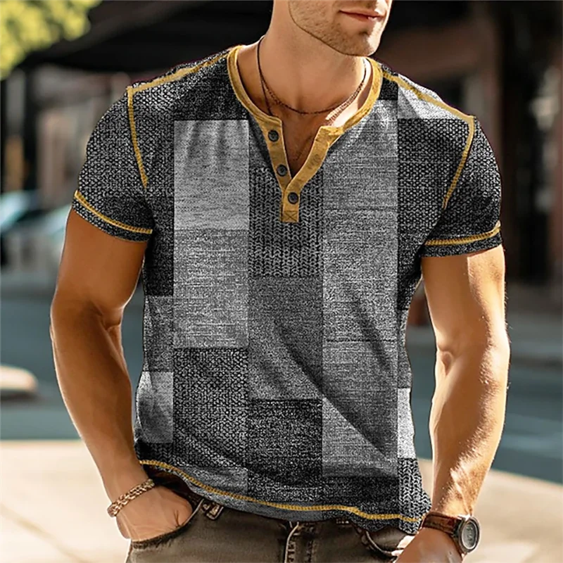 Patchwork Color Block 3D Print Vintage Henley Shirts Men\'s Fashion Oversized Button-Down Short Sleeve T Shirt Tees Tops Clothing