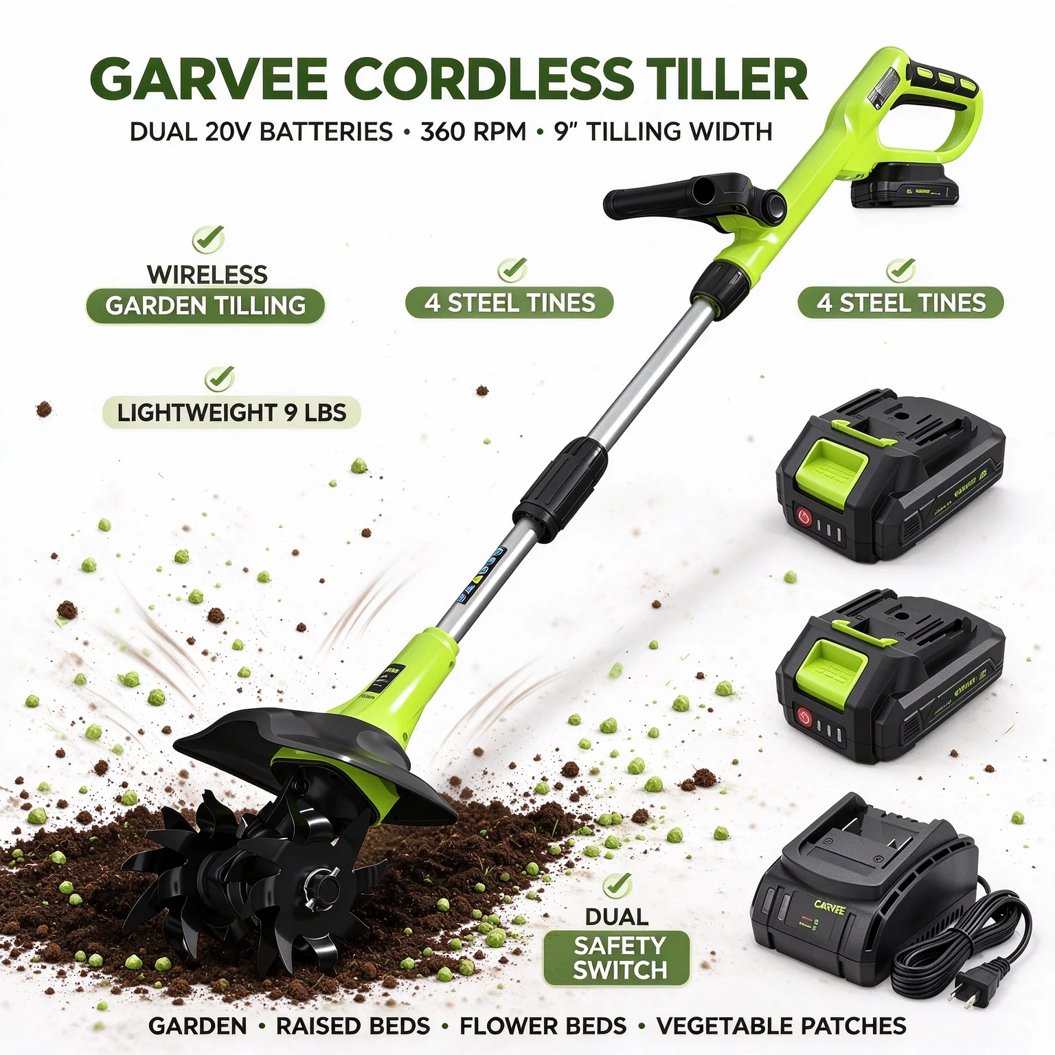 Handy Wireless Electric Garden Tiller – 20V Mini Cultivator, 9