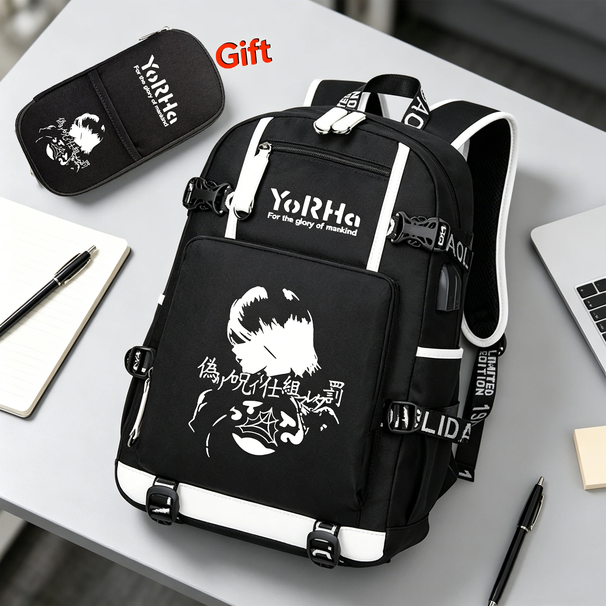 

NieR:Automata Type 2B Printing Game Backpack Canvas Travel Bagpack USB Charging Laptop Backpack Gift Pen Bags Women Rucksack