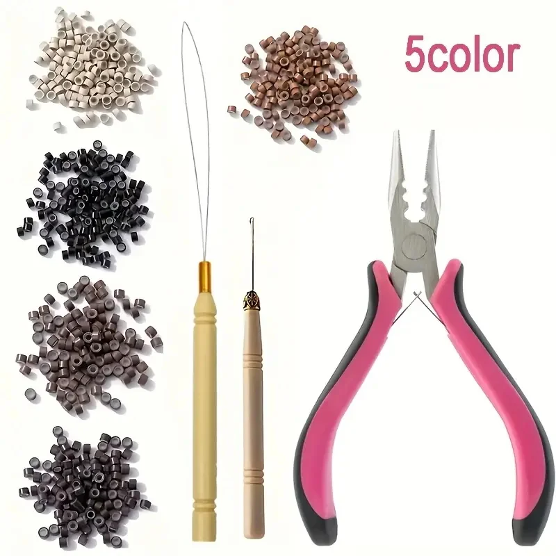 

3-Hole Micro Ring Hair Extension Tool Kit with Hook Needle Pliers Looper PullingBeads Styling Feather-Hair Extension Accessories