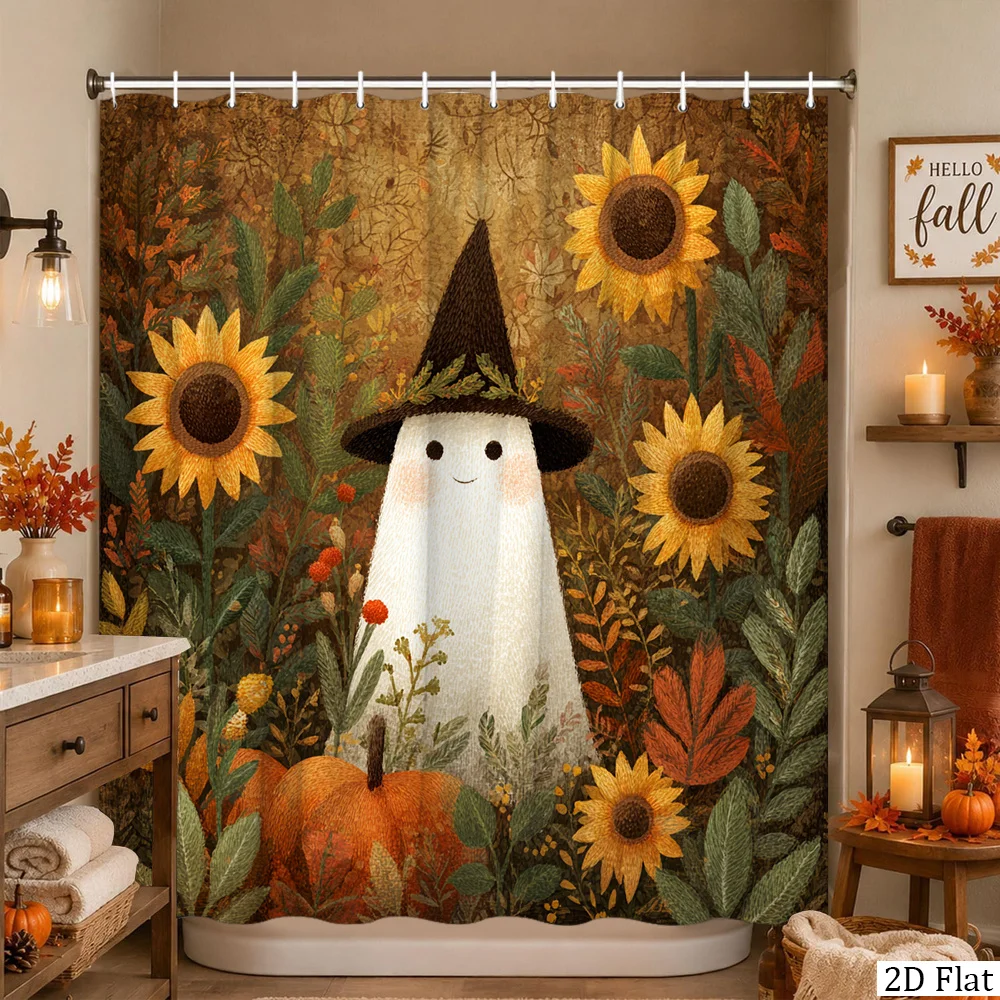 1pc Halloween Shower Curtain Cute Friendly Ghost with Witch Hat Sunflower Pumpkin Rustic Fall Plant Floral Vintage Farmhouse Sty
