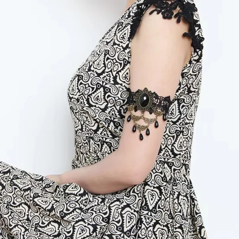 New Women Handmade Armlet Boho Black Flower Lace Layer Filigree Cutout Pearl Drop Gothic Dance Party Arm Band Armband Bracelets