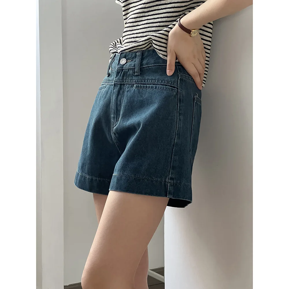 Short en jean taille haute rétro pour femme, pantalon décontracté simple, pantalon à jambes larges, vêtements assortis, nouveau style coréen, été 2024