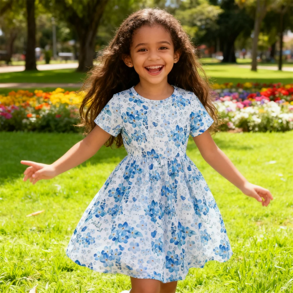 Kindermädchen-Rundhalsausschnitt, blaues Blumenmuster, kurzärmeliges Kleid, Kinderkleidung, Sommer-Freizeitkleid für 2-7 Jahre alte Mädchen