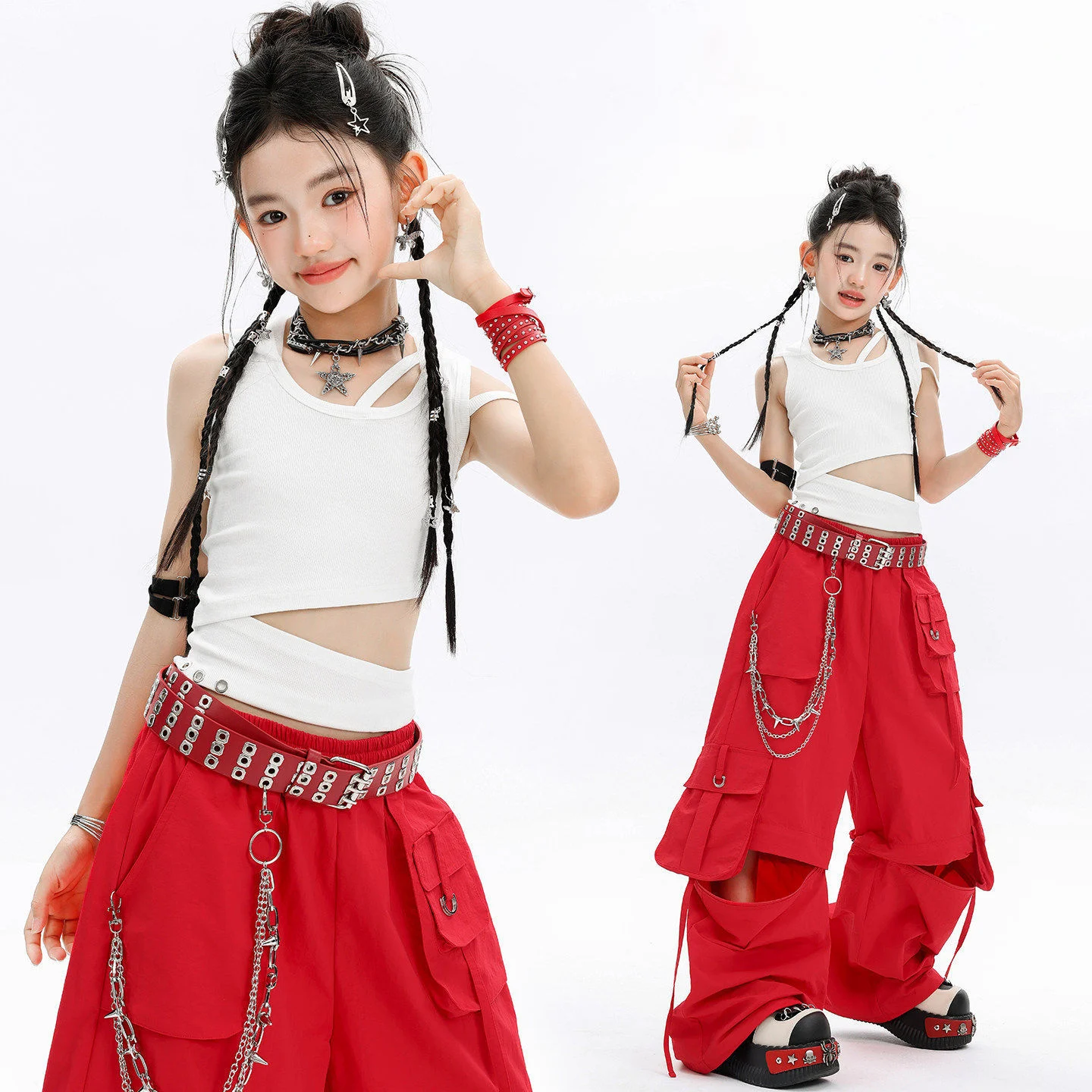 

Kid Kpop Hip Hop Clothing White Cut out Crop Hoodie Tank Red Casual Knee Zip Cargo Pants for Girls Street Dance Costumes Clothes