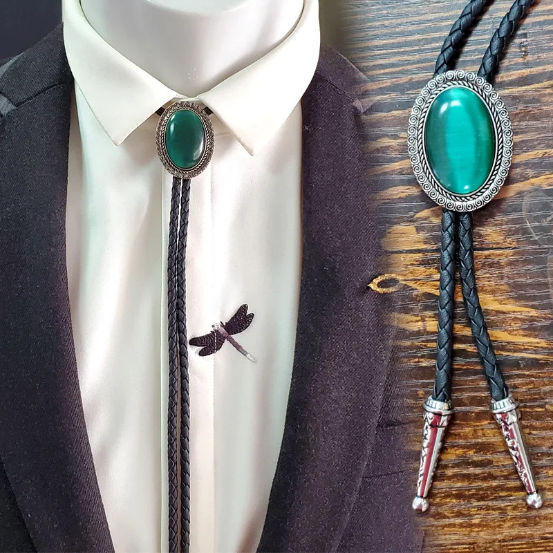 Dark Green Jade - Mens Bola BOLO Tie - Wedding Necklace for Men Women Groomsmen Bridegroom - Western Cowboy Necktie