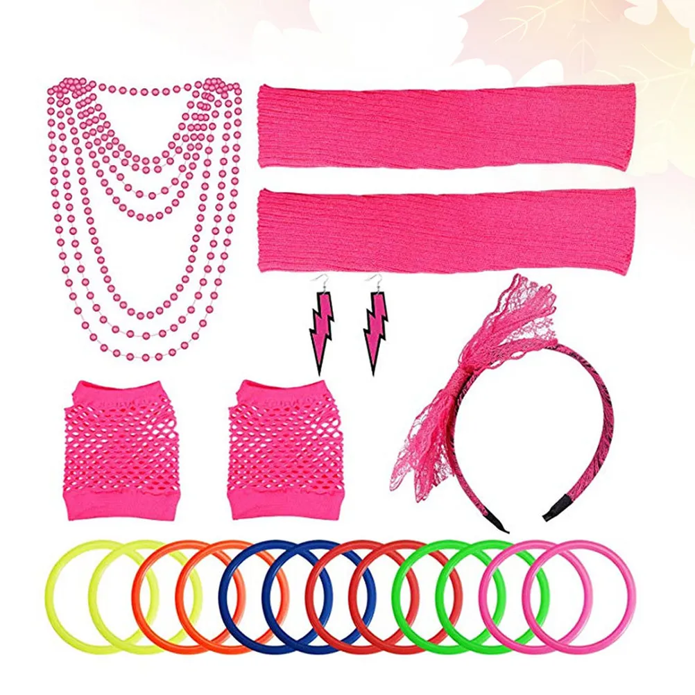 Neon Party Accessory Set Bracelet Mesh Gloves Leg Sleeves Pendant Lace Hair Hoop for New Year Outfit