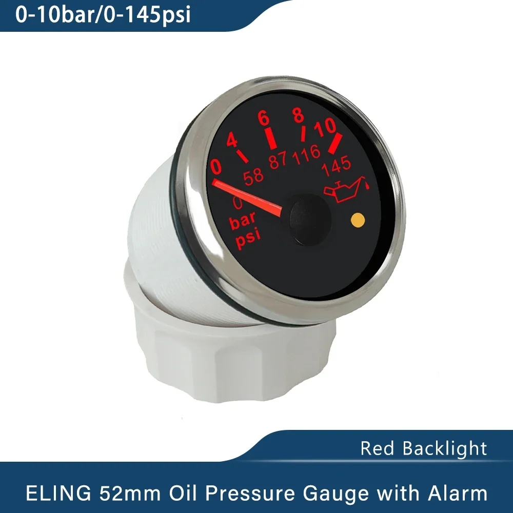 ELING Marine 52mm Oil Pressure Gauge Meter 0-5Bar 0-10Bar with Red Backlight and Light Alarm for Van Ships Motorcycle 12V 24V