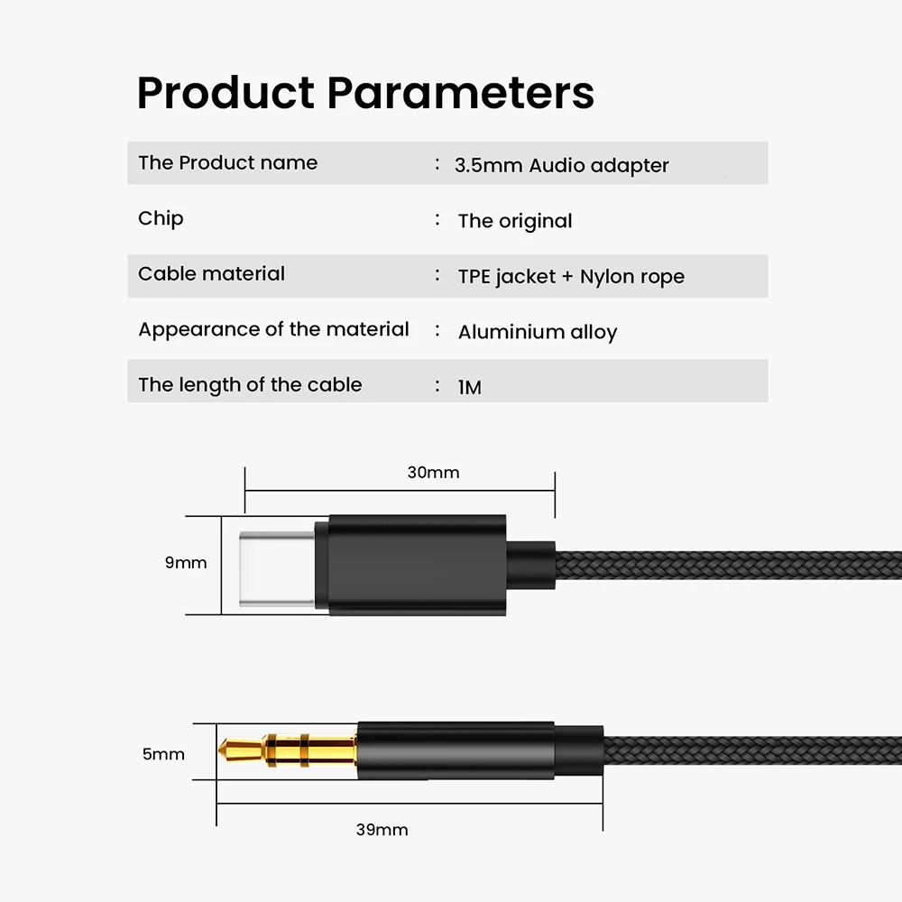 USB Type C to 3.5 MM Jack AUX Cable DAC Type-C Audio Kabel for Car Speaker Headphone Tipo C Auxiliary Adapter Cabo 0.5M 1M 1.5M