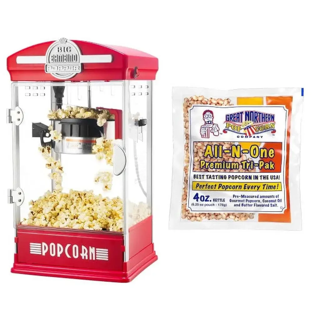 4 Oz Popcorn Machine Bundle Movie Theater Style Popcorn Maker with All-In-One Kernel Packets Scoop and Bags Red Countertop Size