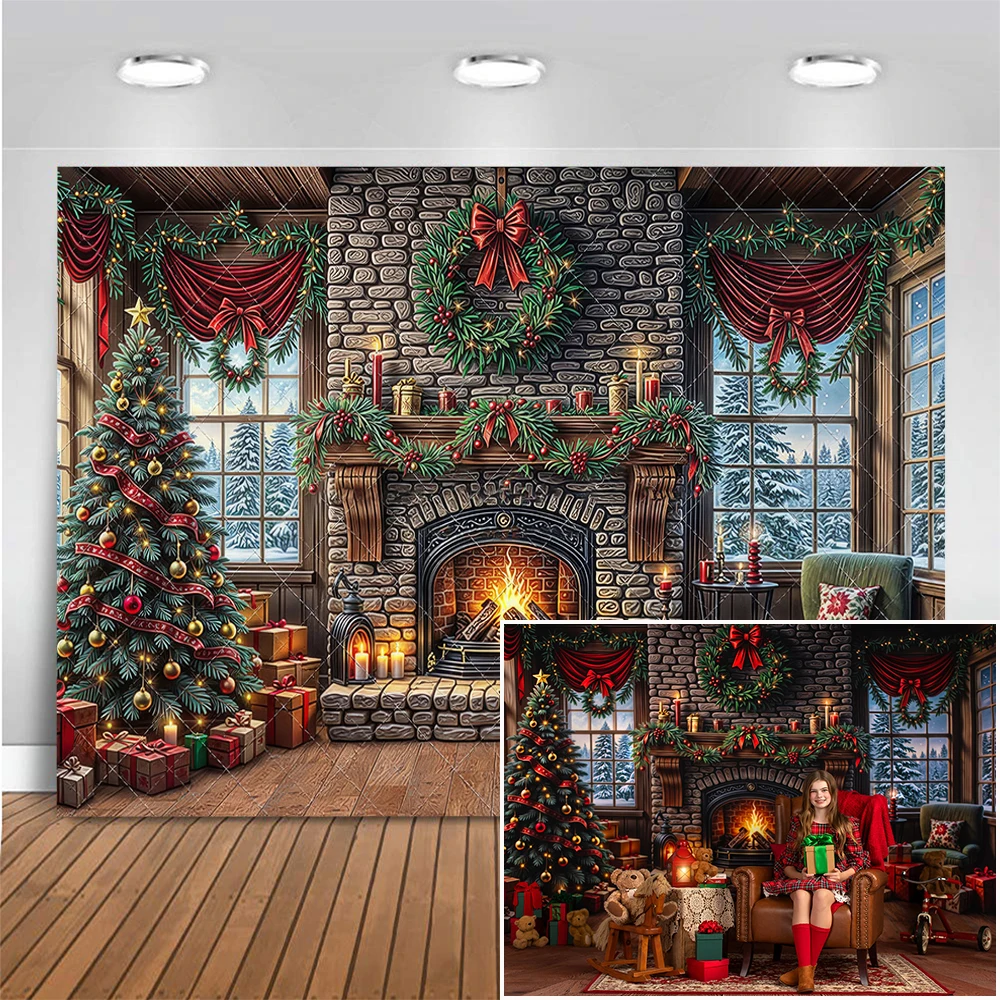 

Christmas Vintage Stone Fireplace Photography Backdrop Winter Snow Xmas Tree Background Adult Kids Photocall Photo Studio Props