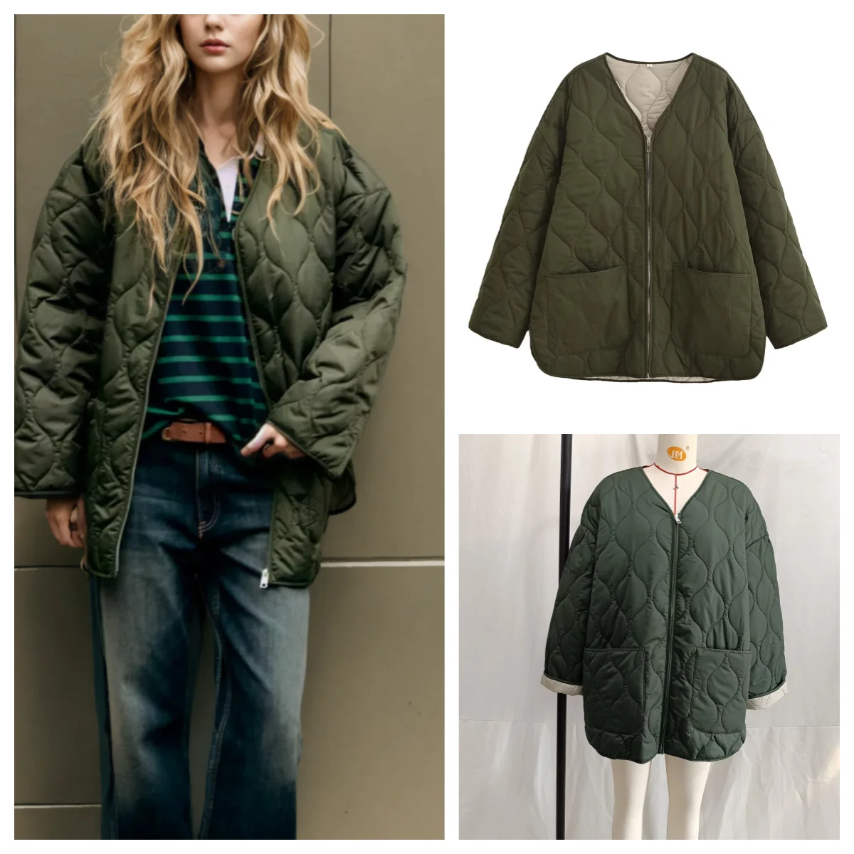 V-neck rhombus loose cotton jacket women\'s new winter hot style mid-length cotton jacket quilted warm jacket