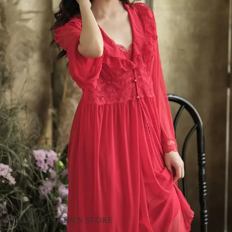 Sexy Mesh Female Sleepwear Red Nightdress Suit Princess Style Home Dressing Gown Kimono Intimate Lingerie Robe Set Pajamas