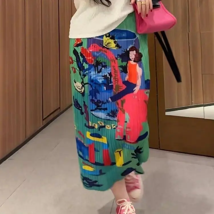 

2025 spring new chic straight skirt high waist and thin design sense niche artistic sense printed skirt