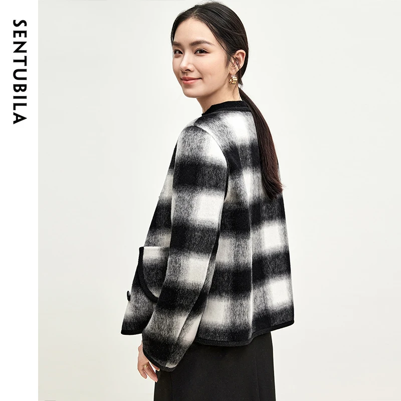 SENTUBILA Plaid Woolen Coat Women 2024 Winter Fashion Straight Loose Fit Double Breasted Crew Neck Warm Outwear W44O56114