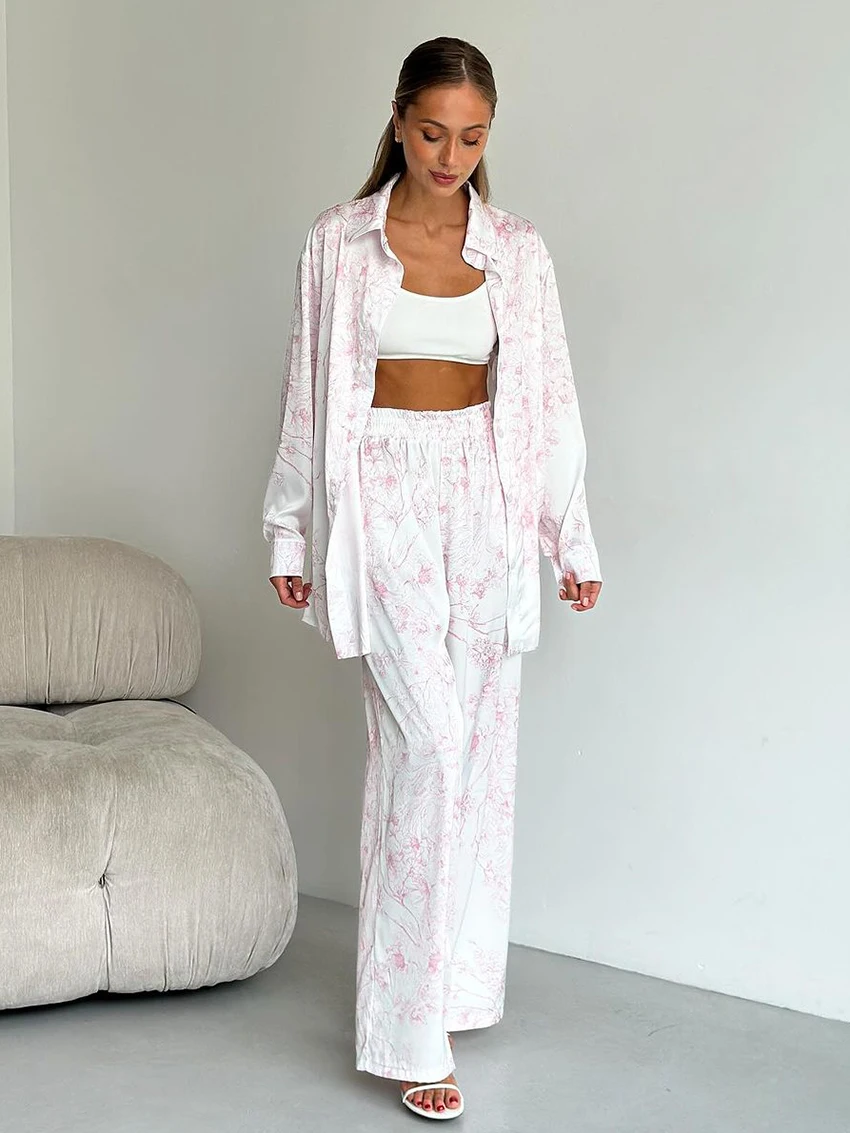 Marthaqiqi Printing Female Nightgown Suit Long Sleeve Pajama Turn-Down Collar Sleepwear Pants Causal Women Nightwear 2 Piece Set