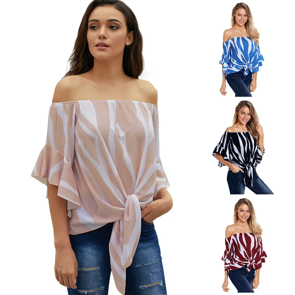 

2023 Summer New One-neck Trumpet with Seven Sleeves,T-shirts with Vertical Stripes and Off-the-shoulder Casual Tops Women Shirts