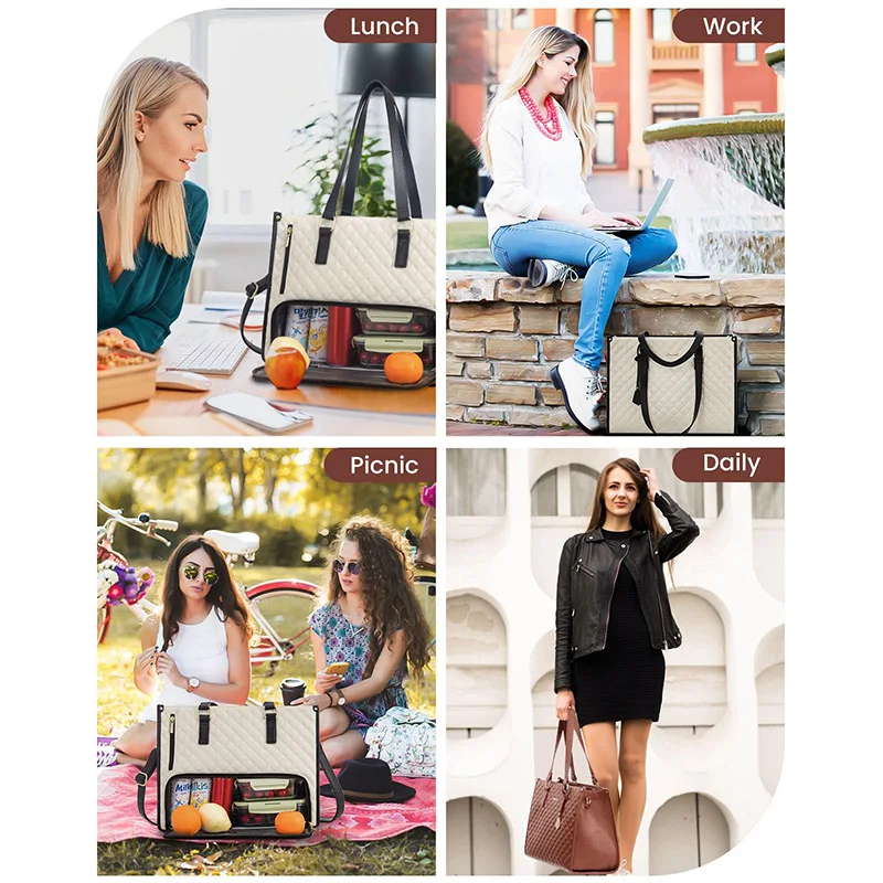 2-in-1 Insulated Leak-Proof Lunch Bag with Cooler Bag 15.6-inch Laptop Tote Bag  Waterproof PU Women's Office Tote Bag Handbag