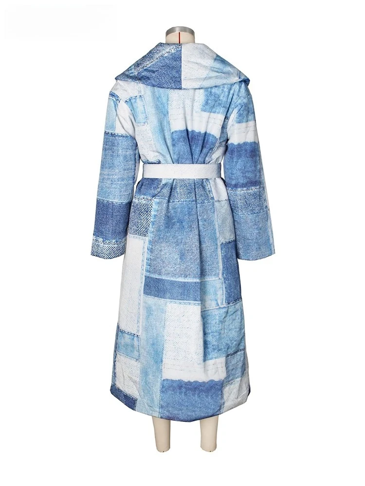 موضة الدنيم التصحيح المطبوعة كبيرة التلبيب الدانتيل متابعة سترة الشارع الشهير فضفاضة معطف سميك أنيق مبطن بالقطن X-معطف طويل المرأة