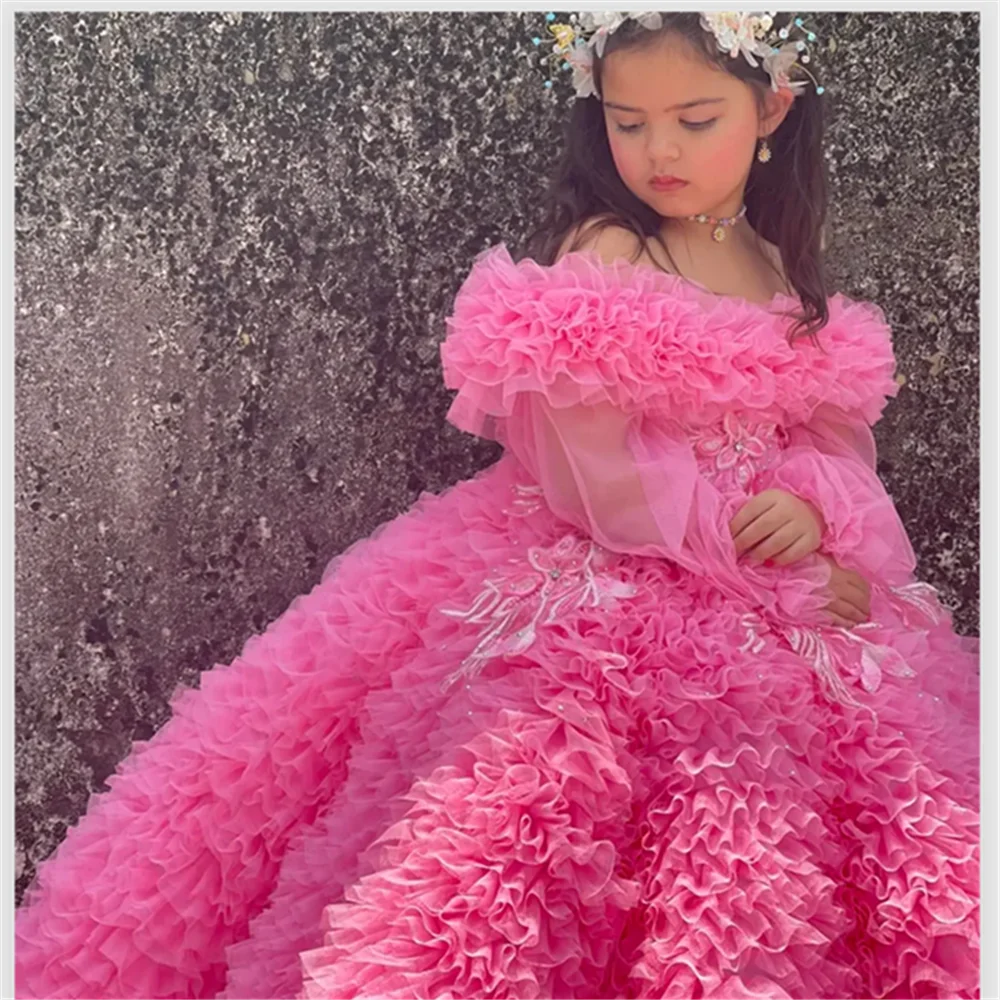 Luxury Pink Flower Girl Dress Wedding Party Appliqued Extra Puffy Princess Holy First Communion Dress Long Sleeves