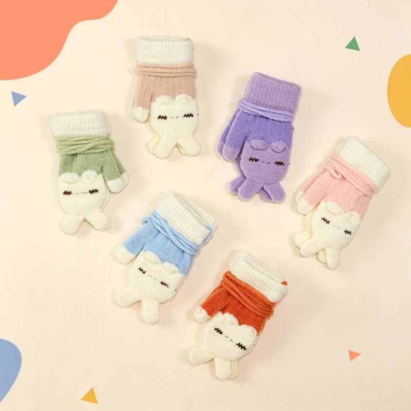 Winter Cute and Super Cute Rabbit Bag Finger Hanging Neck Warm Knitted Gloves Baby Soft and Cute Skin-Friendly 1-3 Year Old Glov