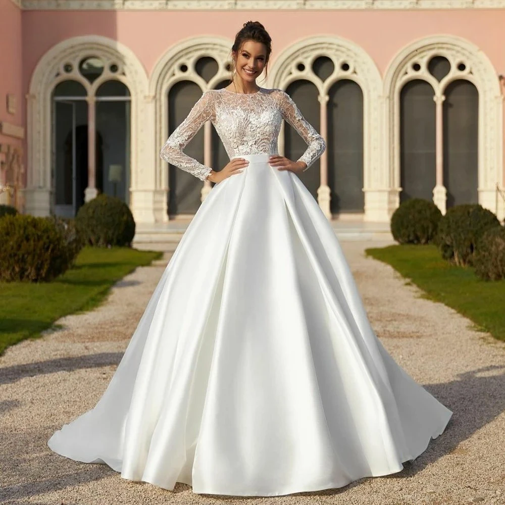 

Customized Elegant Satin Wedding Dresses O-Neck Lace Ball Dress Pleated Full Sleeves Bride Prom Gown High Quality Bridal Gowns