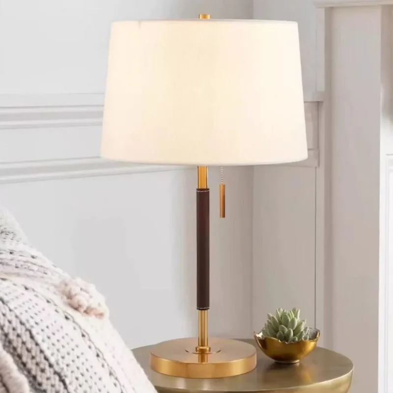 Nordic Minimalist Linen Fabric Table Lamp Black Gold Metal Pole Pull Chain Switch Bedroom Bedside Living Room Study Home Fixture