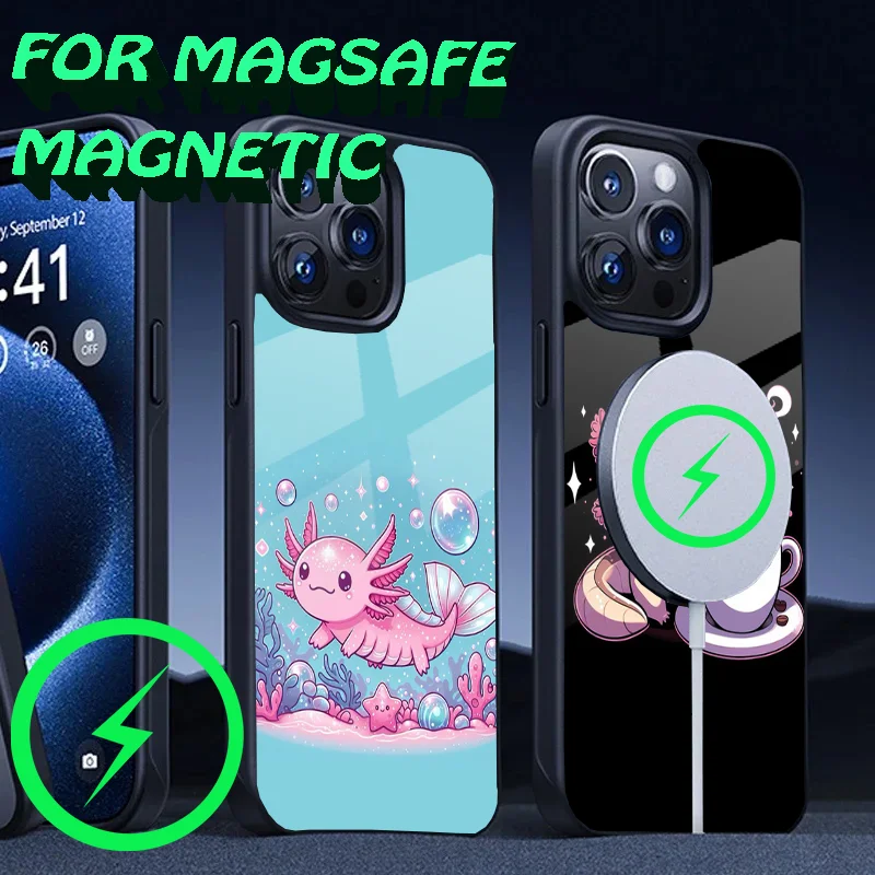 Cute Axolotl Phone Case For iPhone 16,15,14,13,12,11,Plus,Pro,Max Mini Magsafe Magnetic Wireless Charging