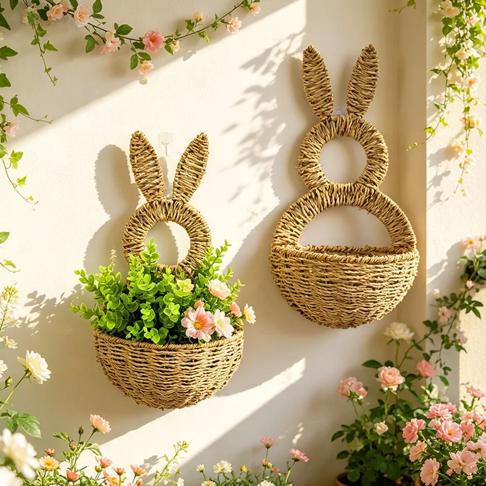 Rabbit Silhouette Wall Mounted Flower Pot Basket for Indoor Outdoor Use Bohemian Rustic Decor with Natural Texture