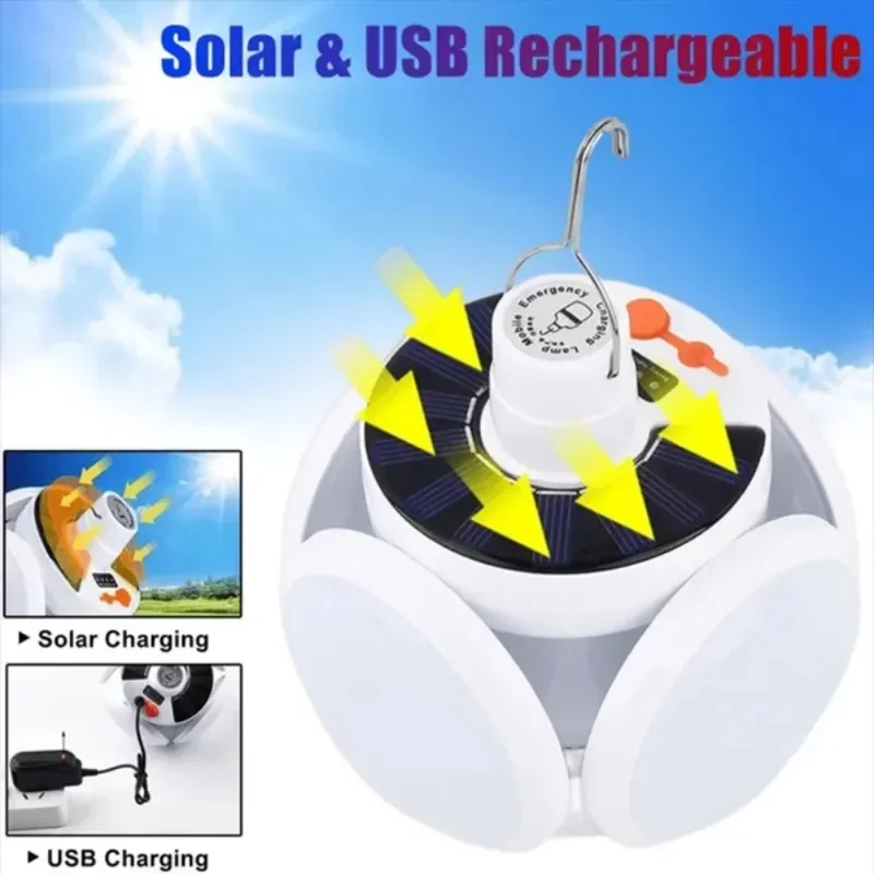 Linterna Solar portátil para acampar, USB para lámpara recargable por tienda de campaña al aire libre, bombillas LED plegables de fútbol con gancho colgante, linterna portátil