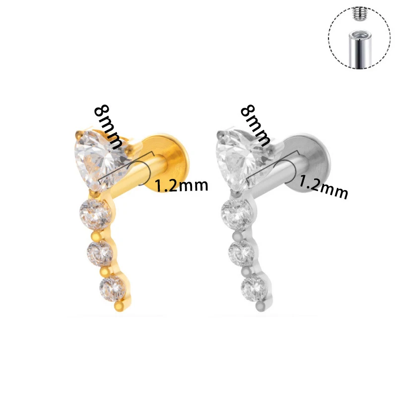 1PC G23 titane Piercing lèvres goujons fil interne oreille Stud Labret CZ pendentif Cartilage Tragus FlatBack Lobe Piercing bijoux