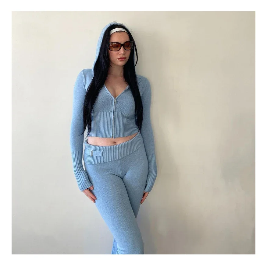 Hot Girl Hooded Crop Top Long Sleeve Y2K Cuffed Slim Fit Knit Pants Set High Street Women's Clothing