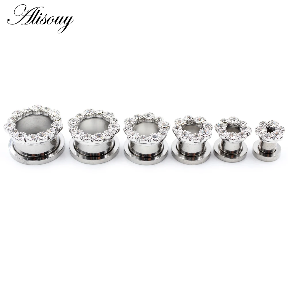 Alisouy 2 Stück Edelstahl Blume Zirkonia Mond Stern Uhr Herz Schraube Ohr Tunnel Plugs Expander Messgeräte Körper Piercing Schmuck – Detail 5