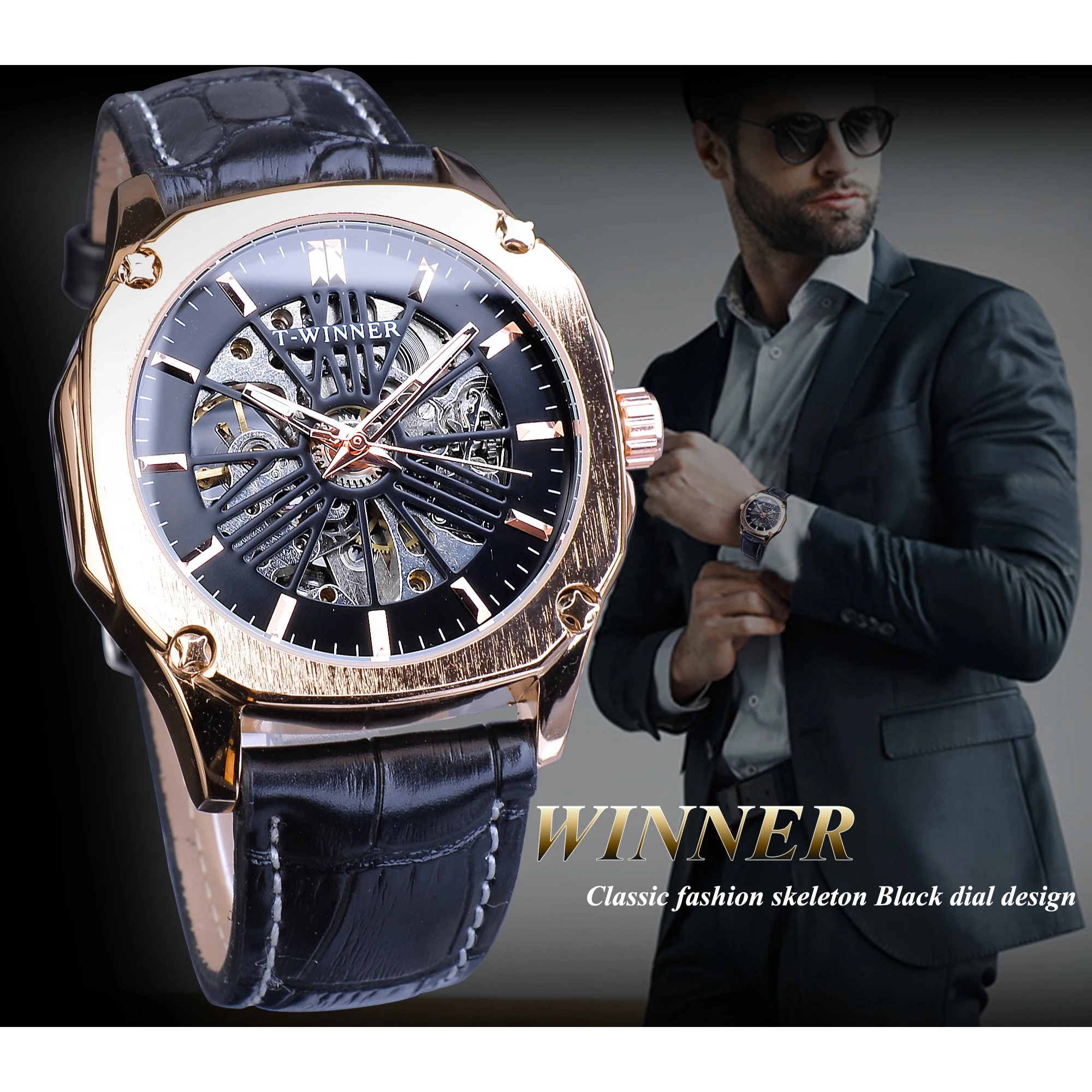 Fashion Winner Top Brand Mens Automatic Rose Golden Hollow Skeleton Leather Male Business Mechanical Clock Dropship Watch