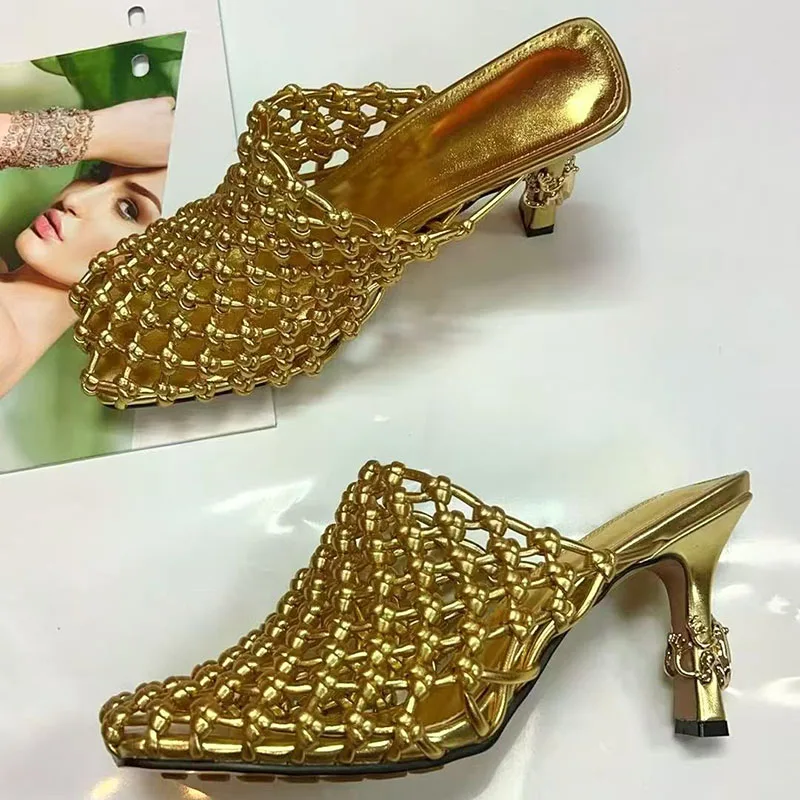 Silver Leather Hollow Sandals Woman Square Toe Strange High Heel Muller Slippers Lady Sexy Party Shoes view 3