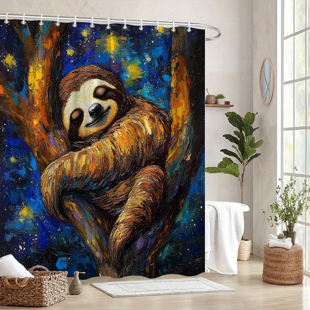 

Занавеска для душа «Звездная ночь», ленивец с тремя пальцами в Serene Sleep, яркое синее, желтое, фиолетовое небо, импрессионистический стиль