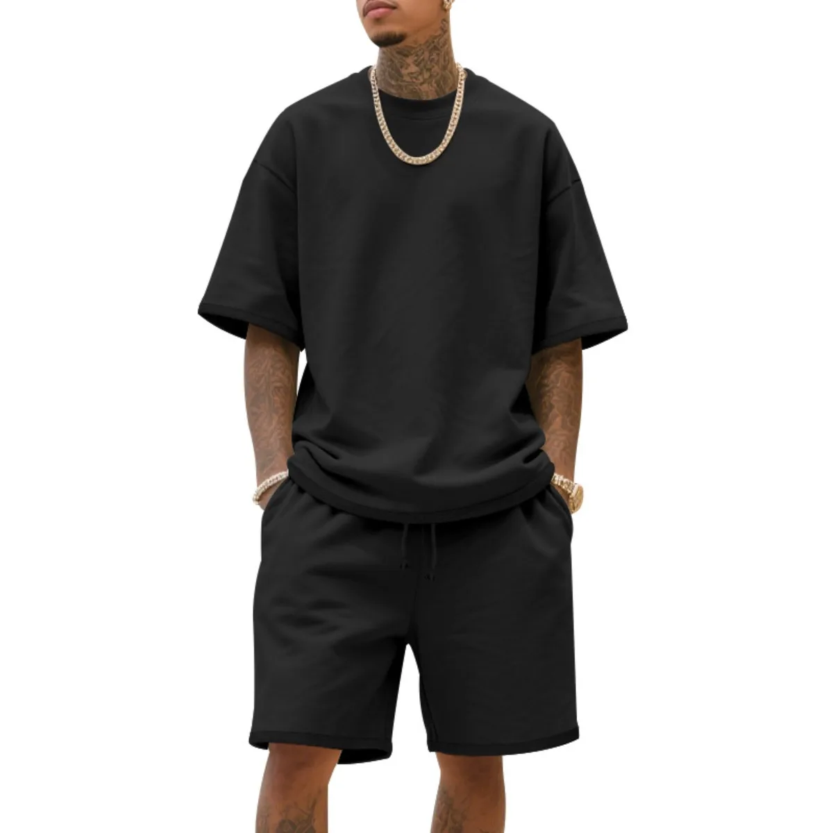 2025 100% algodão masculino verão estilo americano solto high street hip-hop esporte conjunto de manga curta com shorts