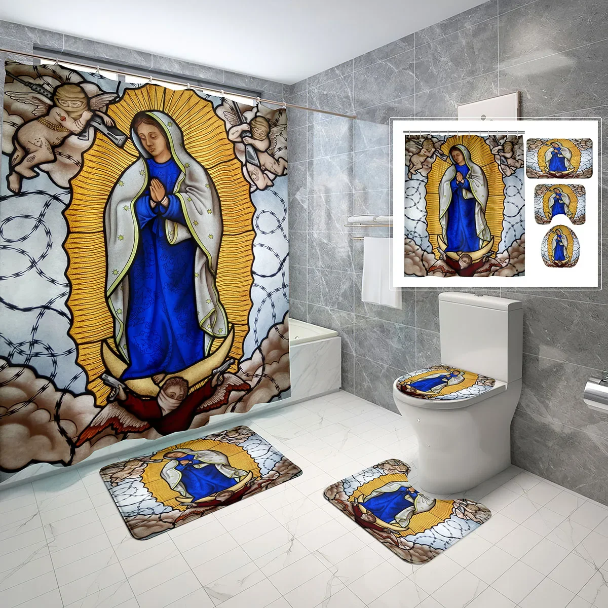 Shower Curtain Set Mexican Our Lady Guadalupe 4 Pcs Shower Curtain Bathroom Non-Slip Bath Mat Toilet Cover Shower Curtain Set